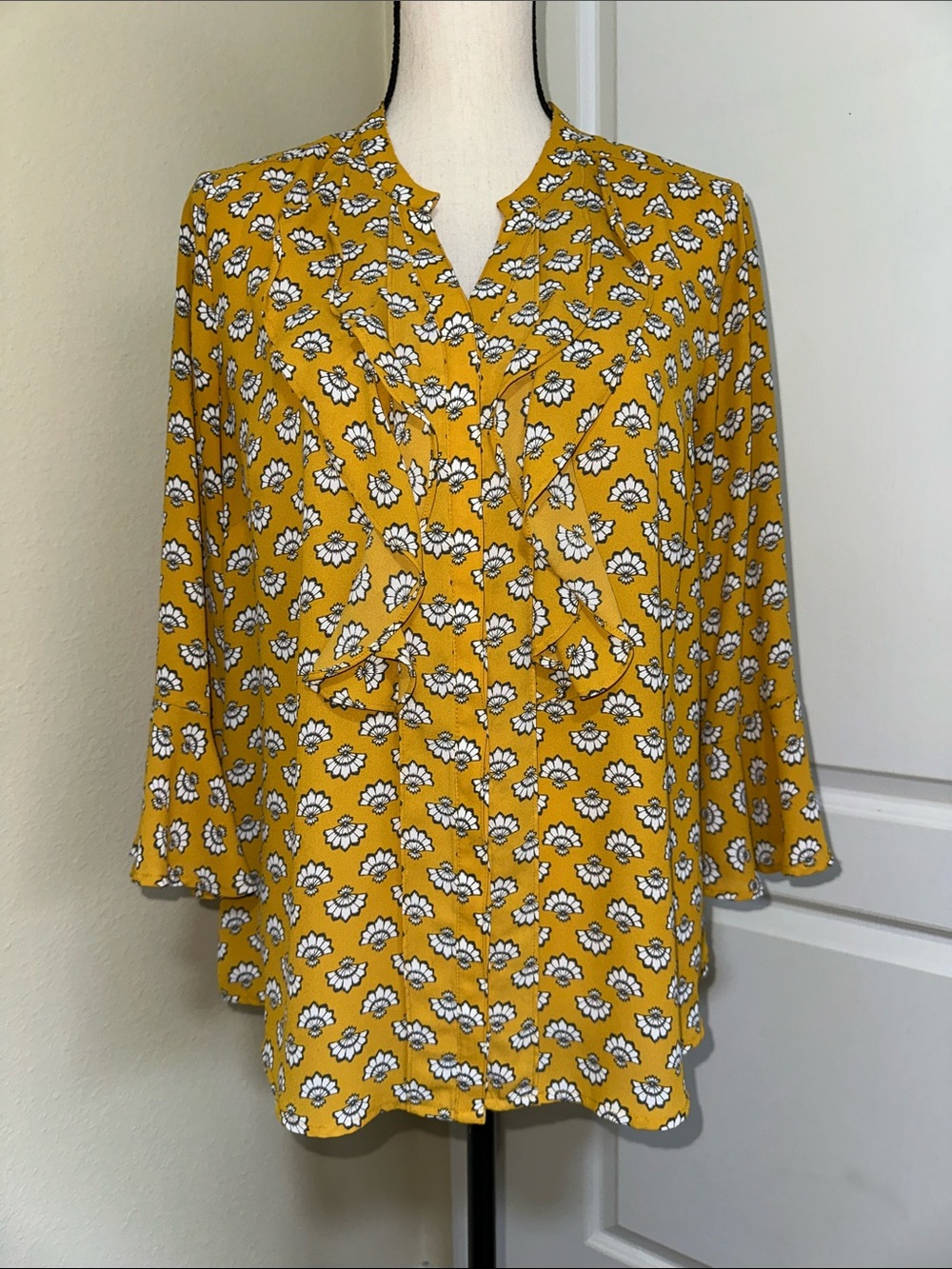 Charter Club Mustard Floral Button-Front Split-Neck Blouse